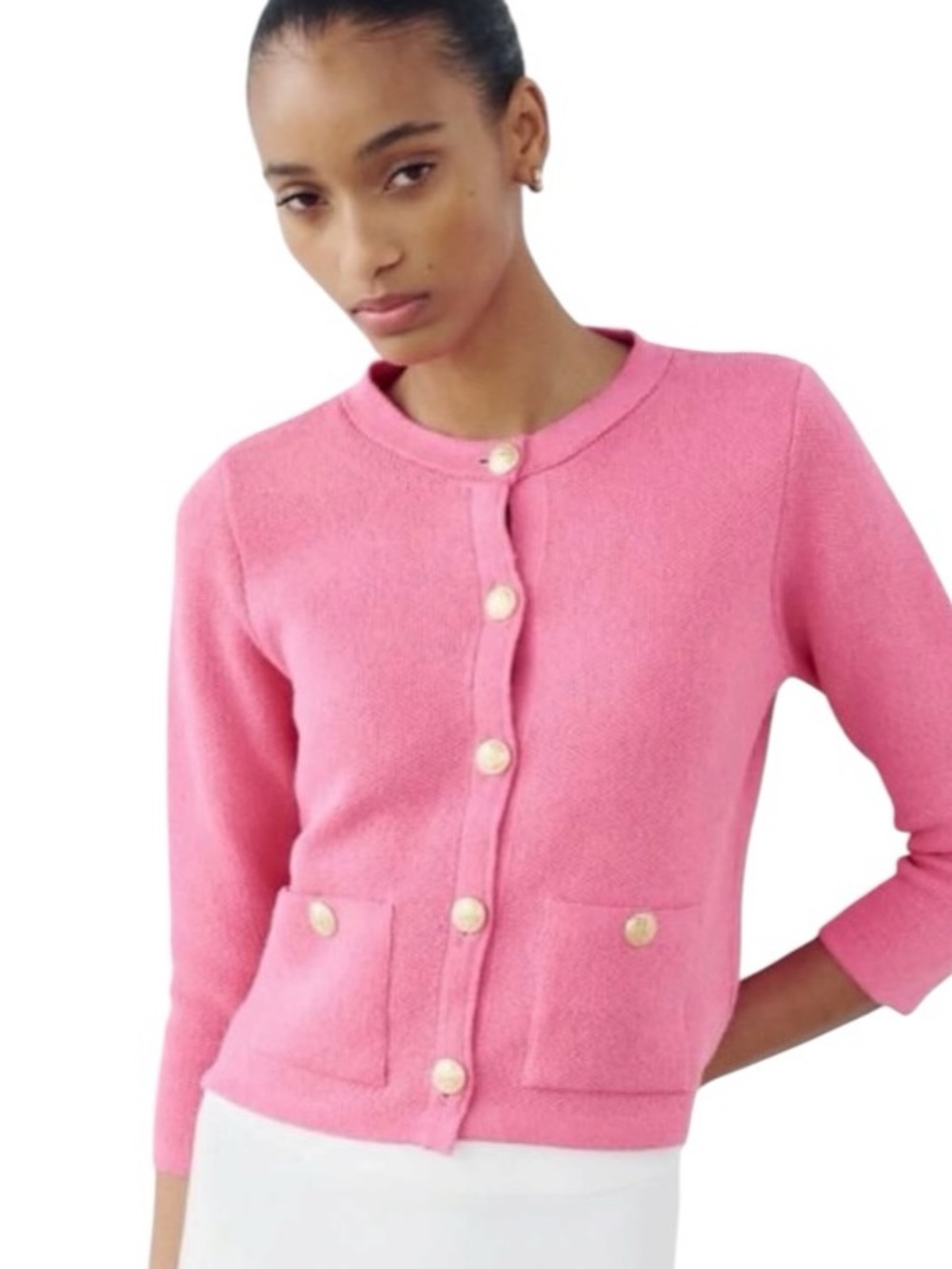 Zara Pink Gold Button Front 3/4 Sleeve Knit Cropped Cardigan- S